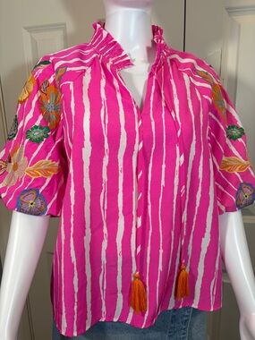 THML Fuchsia and White Striped Embroidered Puff-Sleeve Blouse